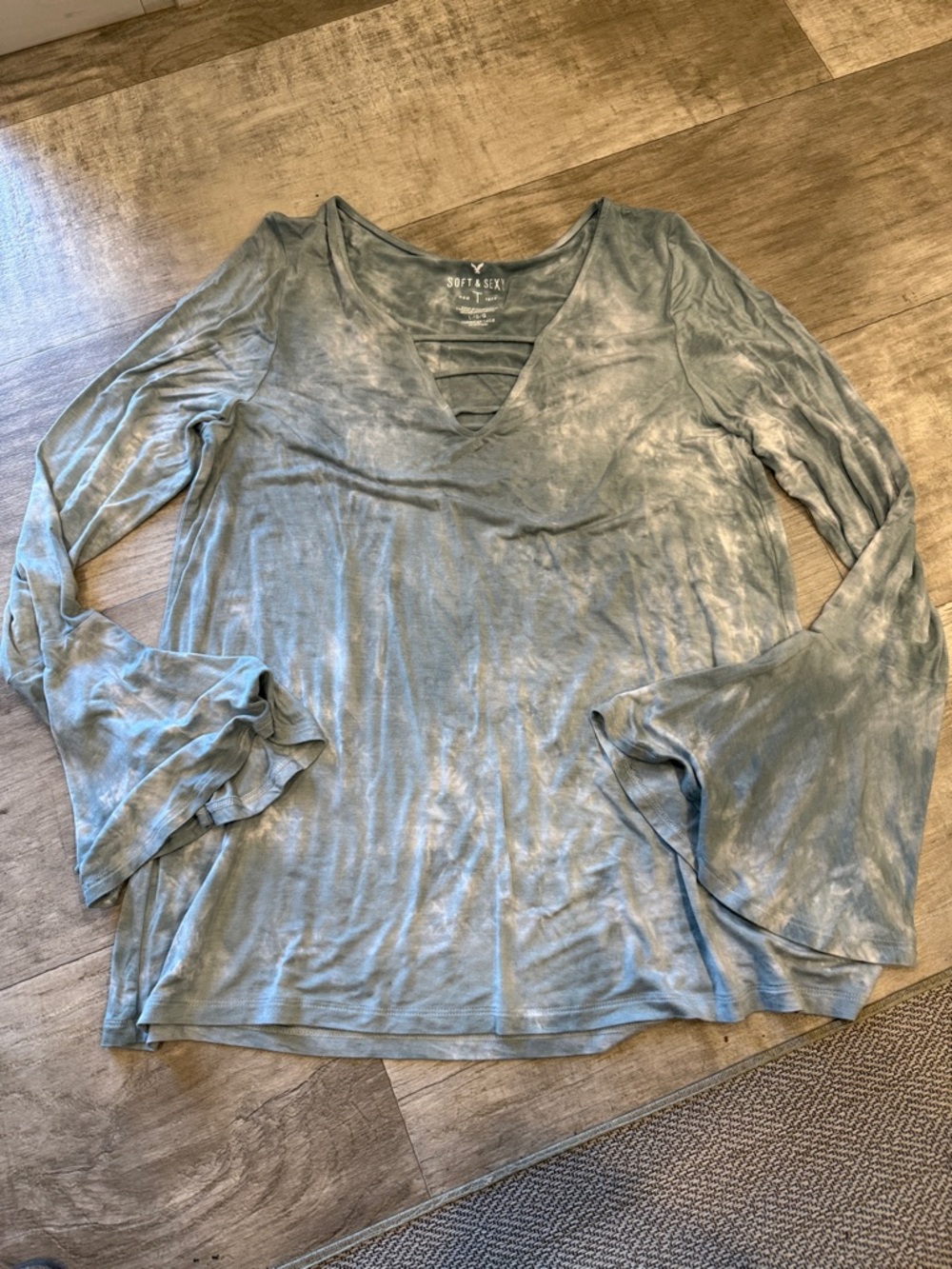 American Eagle Outfitters Sage Green Tie-Dye V-Neck Bell Sleeve Top